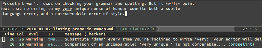 Proselint through Flycheck in Action